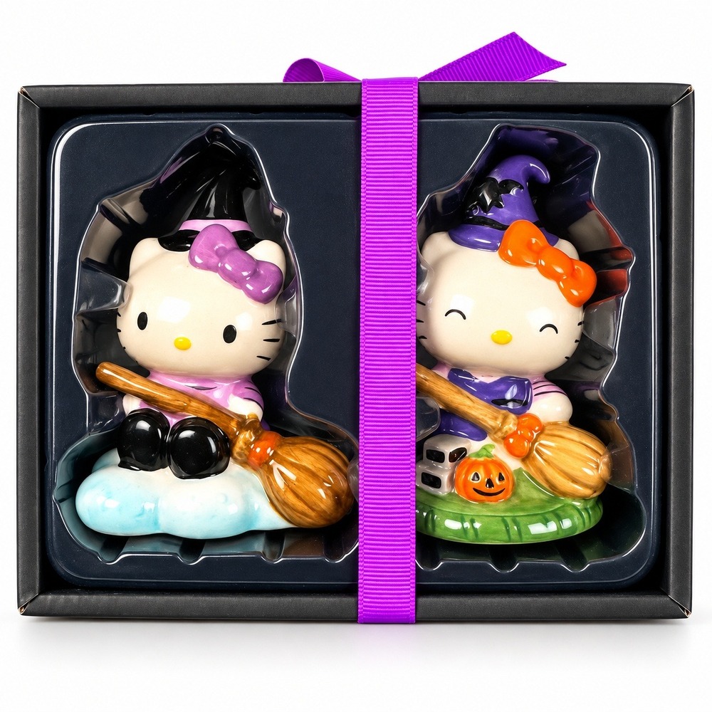 Blue Sky Hello Kitty Halloween Witch Salt Pepper Shakers Ceramic Broom CUTE NIB